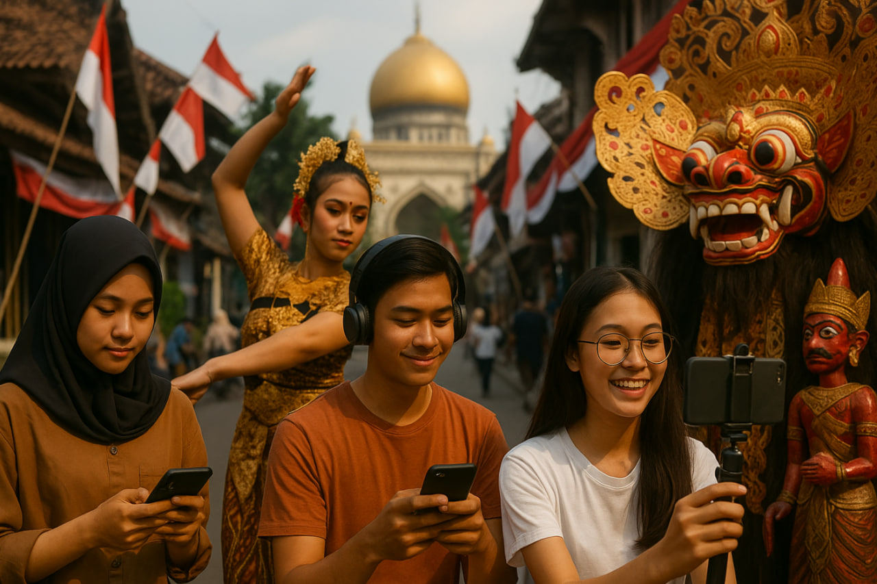 Ilustrasi budaya pop Indonesia 2025 dengan tradisi lokal dan tren digital generasi muda