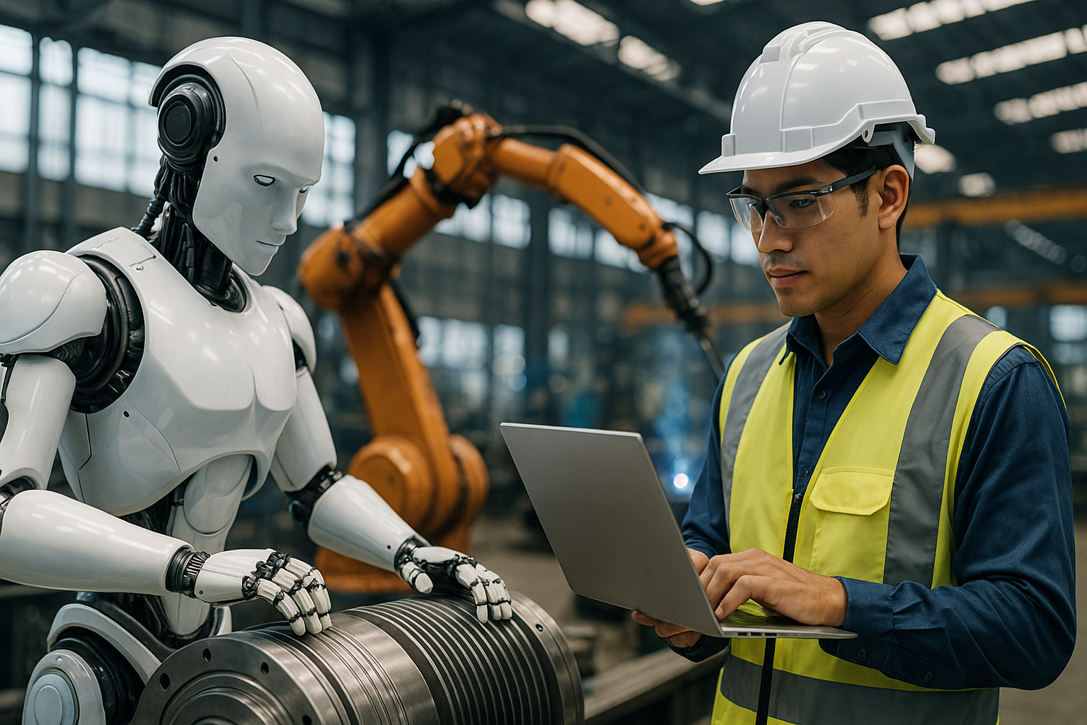 Ilustrasi AI dan tenaga kerja Indonesia 2025 dengan kolaborasi manusia dan mesin di pabrik futuristik