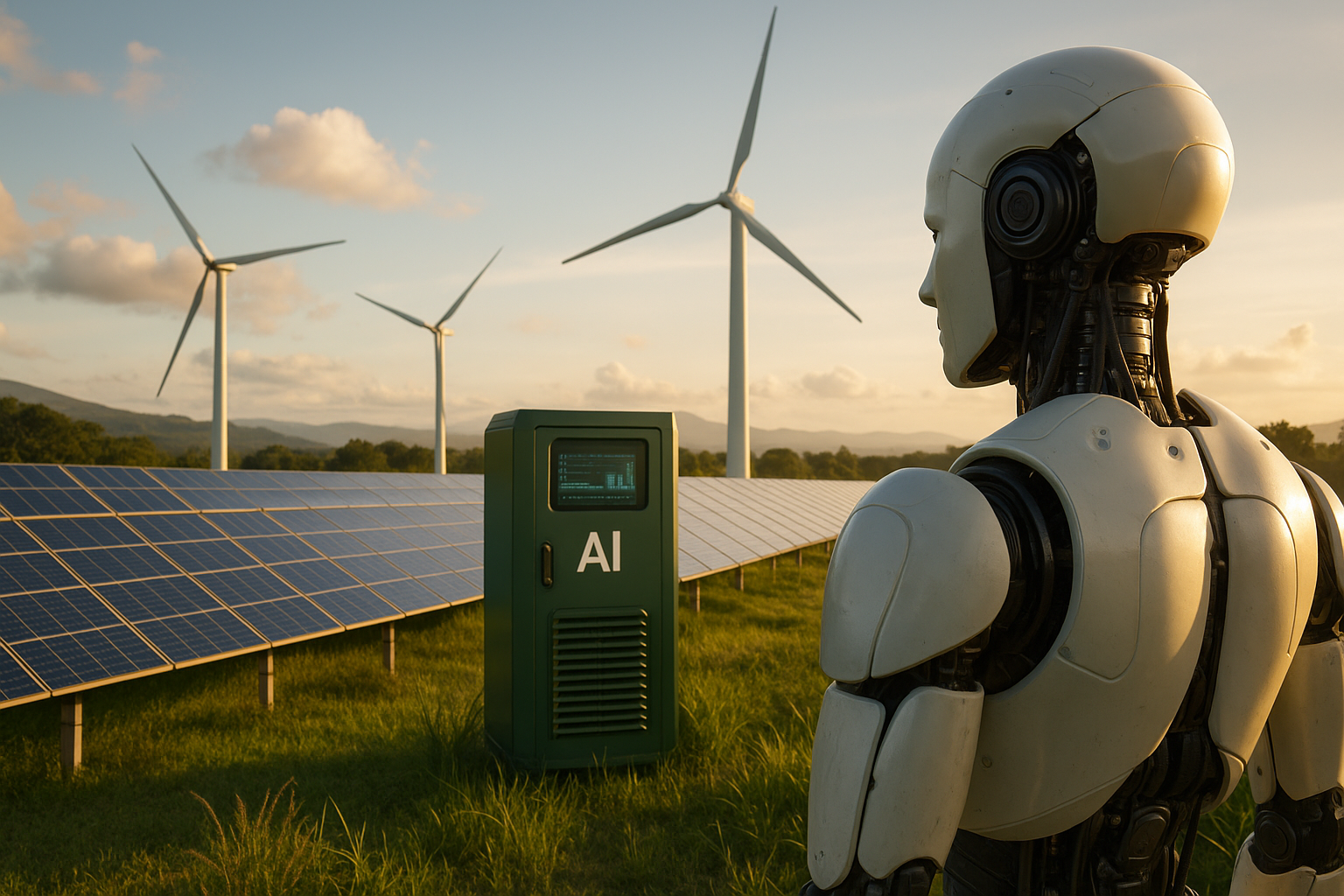Ilustrasi AI dan energi terbarukan Indonesia 2025 dengan sistem otomatisasi hijau dan teknologi efisiensi energi pintar