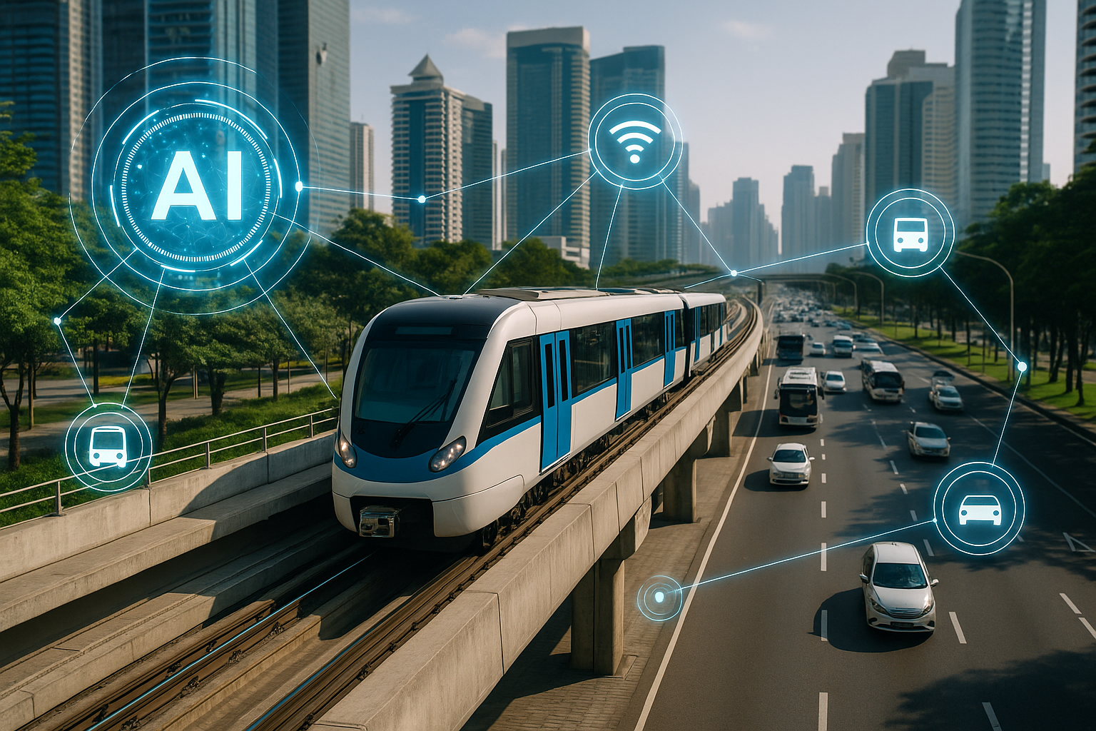 Ilustrasi AI dan transportasi publik 2025 dengan sistem mobilitas cerdas di kota modern Indonesia