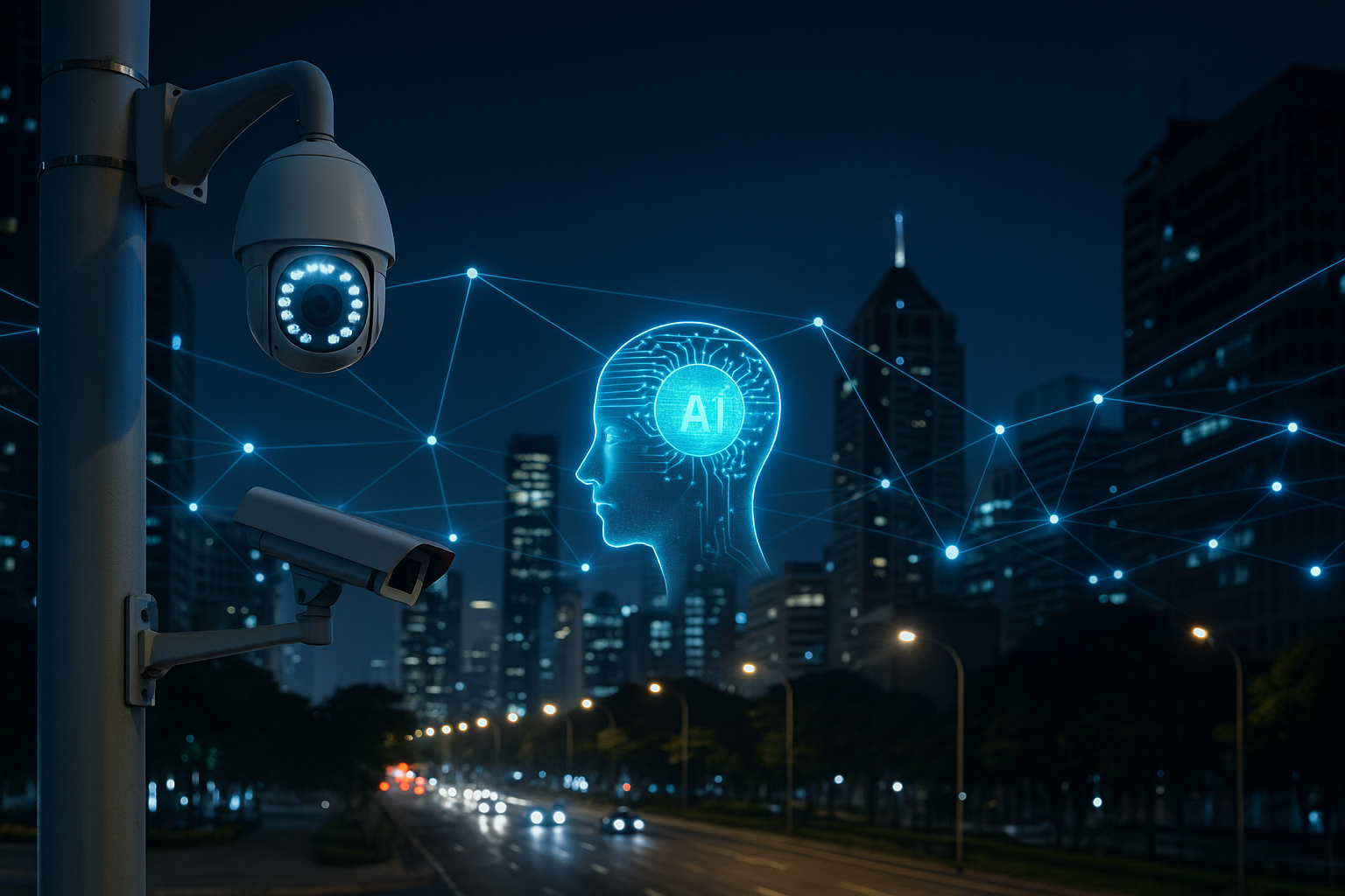 Ilustrasi AI dan keamanan kota Indonesia 2025 dengan sistem pengawasan cerdas di kota modern