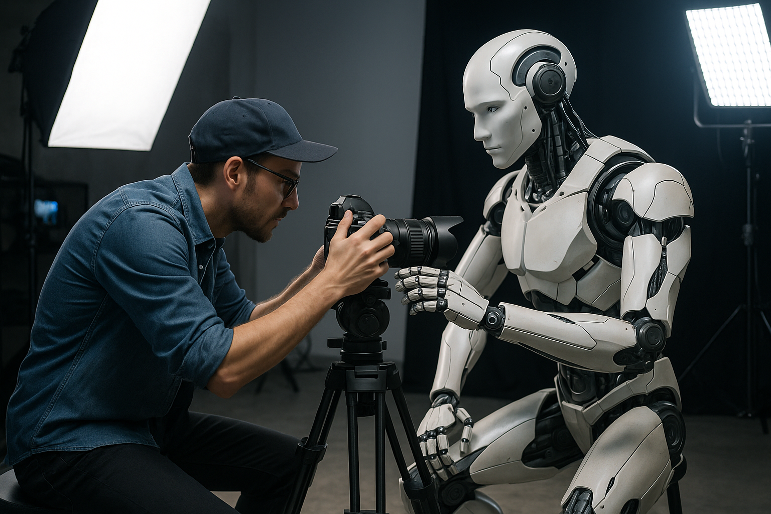 Ilustrasi AI dan fotografi Indonesia 2025 dengan fotografer dan robot AI berkolaborasi di studio futuristik