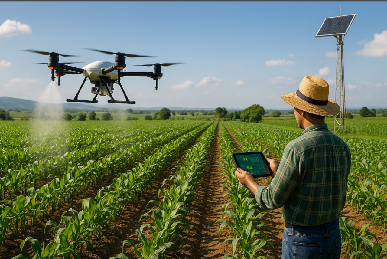 Ilustrasi pertanian cerdas Indonesia 2025 dengan drone, IoT, dan teknologi pangan berkelanjutan