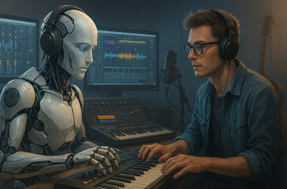 Ilustrasi AI dan musik Indonesia 2025 dengan kolaborasi manusia dan AI dalam produksi musik digital futuristik