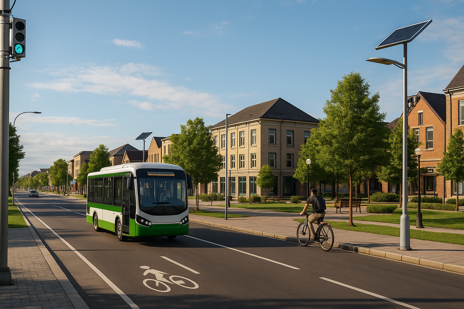 ilustrasi transportasi kota kecil 2025 bus listrik mini jalur sepeda smart traffic